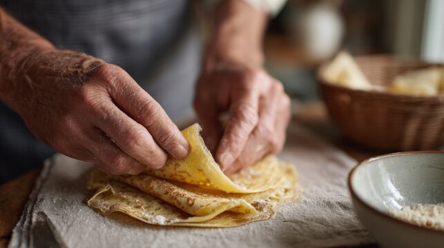 Person's hands kneading dough on a wooden table. the person is wearing a blue apron and appears to be in the process of making a crepe. the dough is golden brown and has a criss-cross pattern on it.