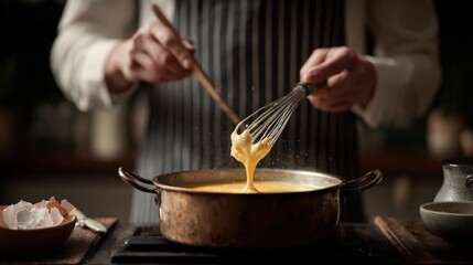 Person's hands holding a wooden whisk and stirring a pot of soup on a gas stove. the person is wearing a black and white striped apron and is holding the whisk with both hands.