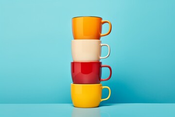 Colorful stacked coffee mugs create a vibrant display against a blue background
