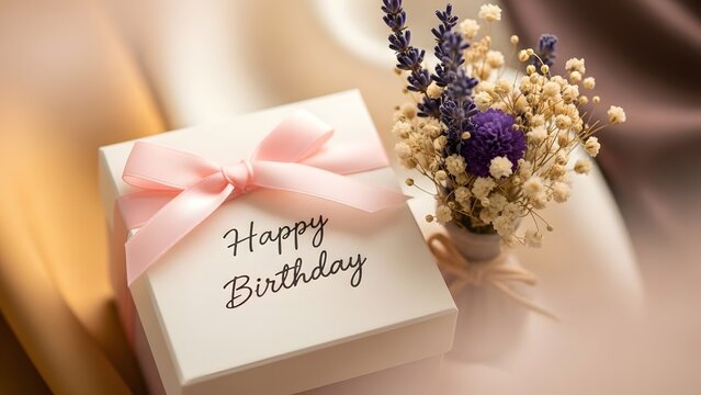 Gift box with happy birthday message and flowers - Powered by Adobe