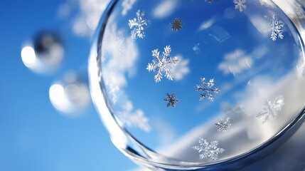 Macro close-up: tiny snowflakes drift inside clear glass ornament, blue sky & clouds refracted through curve, single flake glints, ultra-sharp 8K crystal-ball winter stock.