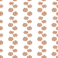 Seamless vector pattern with small brown daisies on a white background. Perfect for fabric, packaging, stationery, wallpapers, and modern floral design.