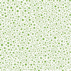 Vector seamless pattern with many small cannabis leaves of different sizes on a white background, ideal for medical, cbd, textile, packaging, and branding projects.