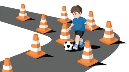 boy kicking soccer ball through traffic cones