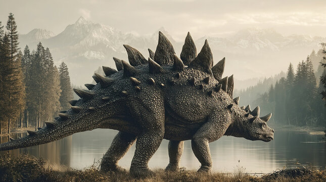 Kentrosaurus roaming a primeval landscape of lakes forests and mountains