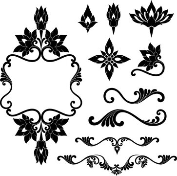 Elegant Floral Ornament Frame and Decorative Swirl Elements Vector Set suitable for wedding invitations-luxury branding-certificates-logos- greeting cards-labels and decorative backgrounds