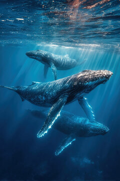 Pod of humpback whales swimming gracefully in deep blue ocean waters near the surface
