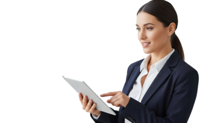 Professional businesswoman smiling while using a digital tablet for work or presentation