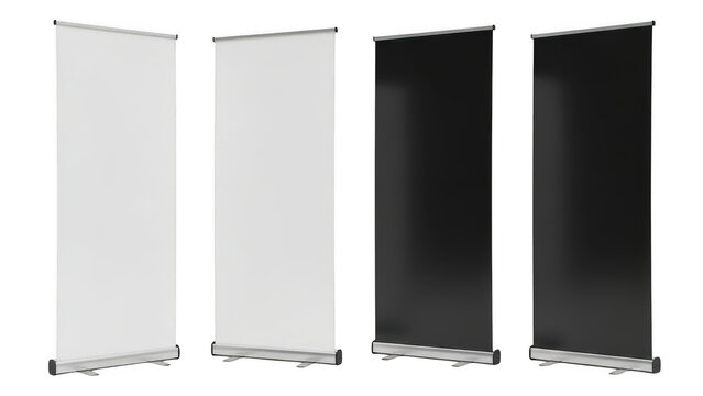 Four blank retractable roll up banners in white and black isolated on a black background