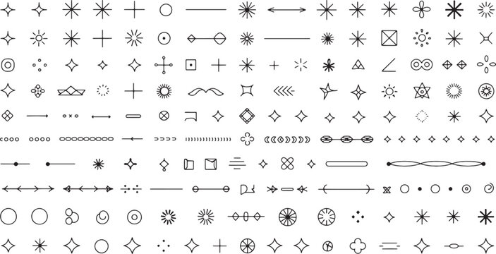 Extensive Set of Black and White Decorative Line Including Stars Sunbursts Arrows Geometric Shapes and Ornate Dividers for