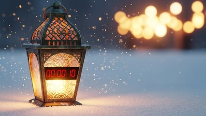 Ornate Lantern with Digital Timer in Snowy Night antique