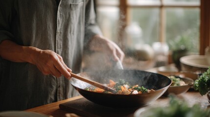 Person's hands holding a wooden spoon and stirring a wok with steam rising from it. the wok is placed on a wooden cutting board on a kitchen countertop.