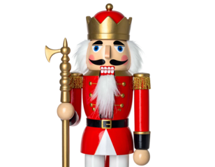 A traditional, decorative wooden soldier in a red coat and gold crown, holding a staff