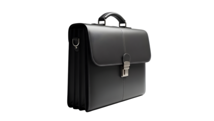 Elegant black leather briefcase for professional use on a solid black background