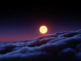 a full moon rising over a dark, cloud-covered landscape. The moon is brightly illuminated, creating a serene and somewhat mystical atmosphere.