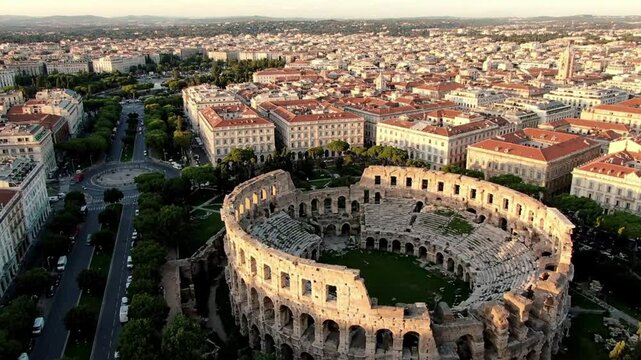 Aerial View of Ancient Roman Amphitheater in City.