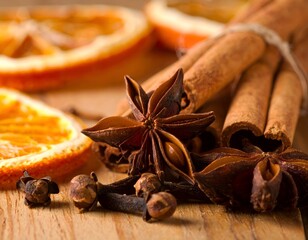 Close-up of spices star anise, cinnamon sticks, cloves, and orange slices on wood