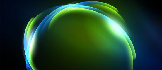 Abstract swirls, vibrant green hues dominate. Blue accents create luminous effect. Dark background emphasizes flowing shapes.