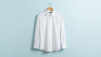 Clean White Long Sleeve Shirt Hanging on a Wooden Hanger Against a Light Blue Wall.