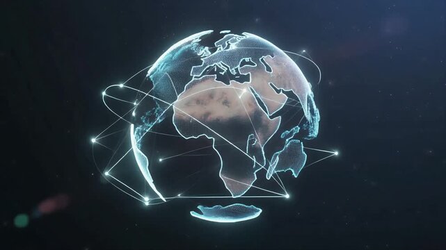 3D rendering of planet Earth with a luminous blue grid representing worldwide data connections and future technology