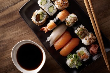 Overhead shot of a meticulously arranged sushi platter with chopsticks, soy sauce, and ginger, focus on Japanese cuisine and presentation.