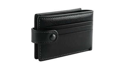 A folded black leather wallet with button clasp, multiple card slots, and subtle stitching