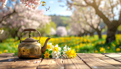 Antique brass teapot with daffodils and white flowers on a wooden table in a spring meadow Keywords: spring meadow