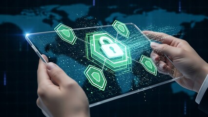 Hands holding a tablet with a digital padlock on the screen