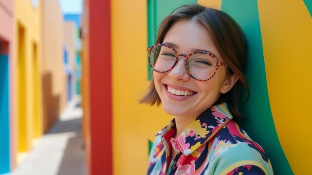 Happy young woman leaning against a colorful wall 
