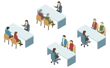 アイソメトリックイラスト：机越しに説明するスーツ女性