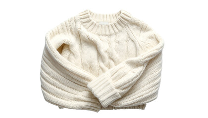 Cream-colored cable-knit sweater, folded and isolated on a black background