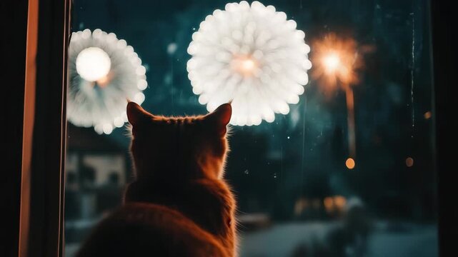 Curious cat watching fireworks display through window at night
