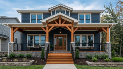 Modern dark blue house with a welcoming wooden porch and stone accents