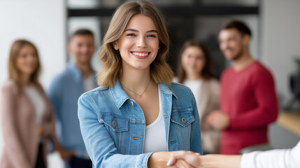 Team leader welcomes new employee, friendly handshake and introduction, modern office entrance, diverse group smiling, authentic onboarding moment, clean composition, brand-free, copy space