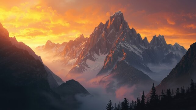 A breathtaking view of snow-capped mountains at sunrise with a dramatic orange sky - Powered by Adobe