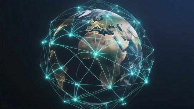 3D rendering of planet Earth with a luminous blue grid representing worldwide data connections and future technology