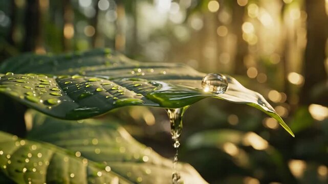 Macro view of crystal clear water drop falling from fresh green leaf in sunlit forest