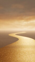 Fototapeta premium A wide view of a winding golden road or path leading off into a luminous horizon, symbolizing future strategy, clear direction, and the journey toward ambitious goals.