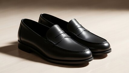 Pair of Elegant Black Leather Penny Loafers for Men.
