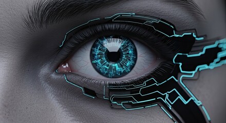 Futuristic Eye with Cybernetic Implants and Electronic Circuitry Showing Technology and Bioengineering Vision Improvement and Data Visualization with High Tech Design