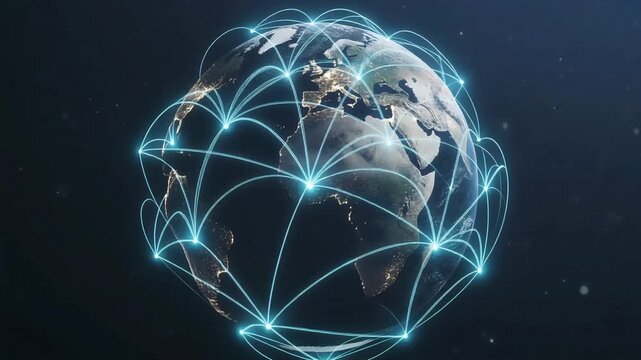 3D rendering of planet Earth with a luminous blue grid representing worldwide data connections and future technology