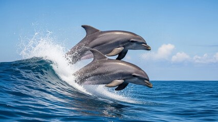 Obraz premium Two Bottlenose Dolphins Above a Bright Blue Ocean Wave