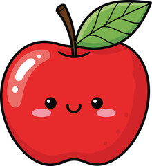 Cute smiling apple character vector illustration with leaf, kawaii cartoon fruit icon for kids design