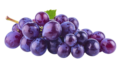 A cluster of ripe, glossy, purple grapes with a green leaf against a black background