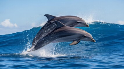 Fototapeta premium Two Bottlenose Dolphins Above a Bright Blue Ocean Wave