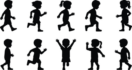 Children running silhouettes, playful kids in motion, boys and girls active poses, child movement vector set for sports, fun and activity design