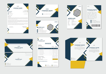 Modern Navy Blue and Yellow Geometric Stationery Branding design template