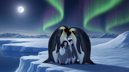 Penguins Huddling Beneath a Vibrant Aurora Over the Arctic Ice Floe