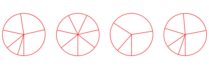 Segmented circles set. Diagram wheel parts. Line art segment slice sign. Circle section graph. Pie chart icon. Round diagram part infographic. Geometric element. Vector illustration