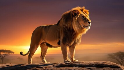 Lion Silhouetted Against a Fiery African Sunset